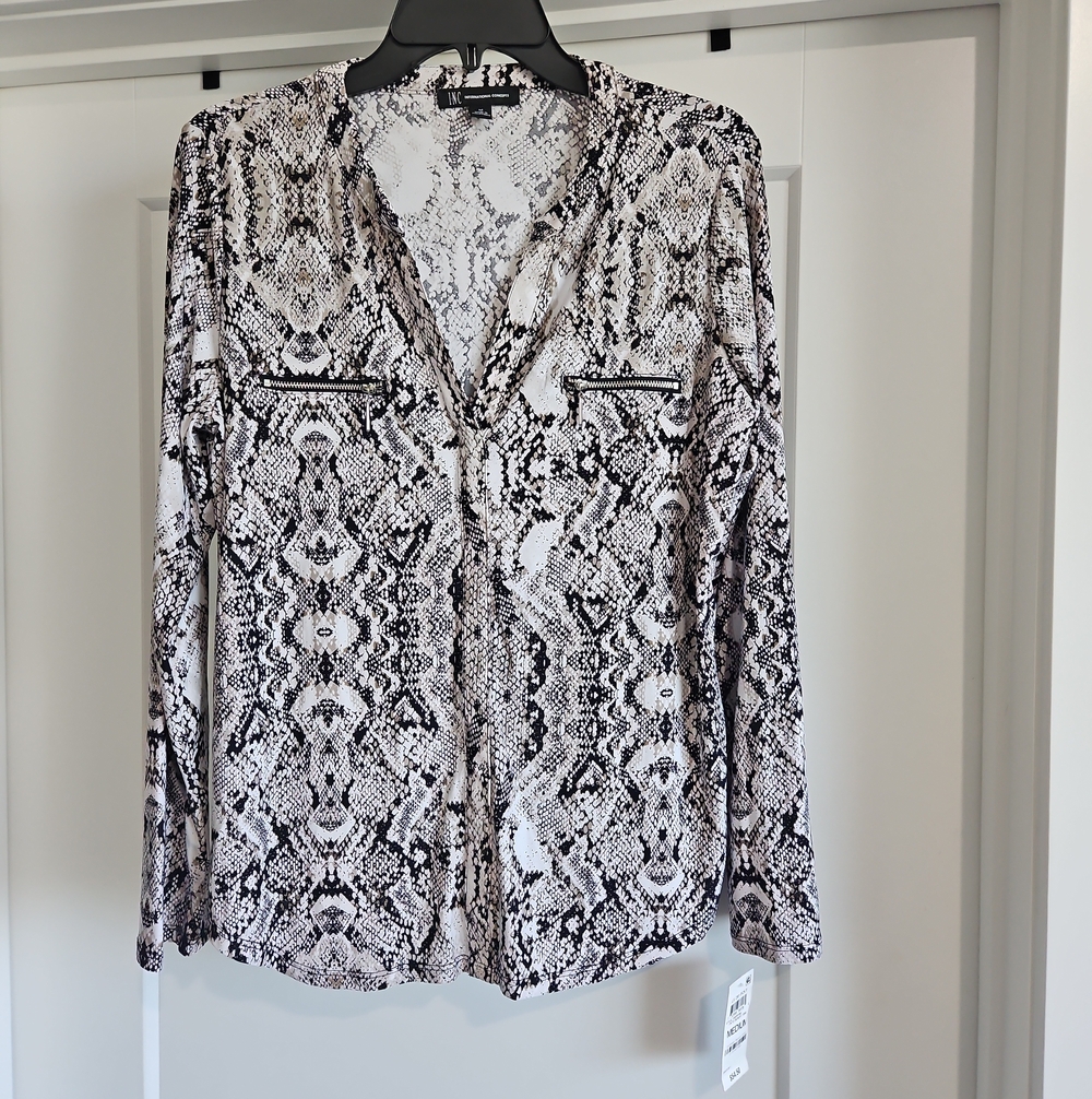 Worthington Black and White Snake-Print Button-Front Blouse
